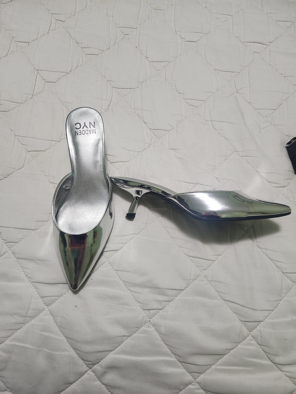 Madden NYC Metallic Silver Pointed-Toe Kitten Heel Mules